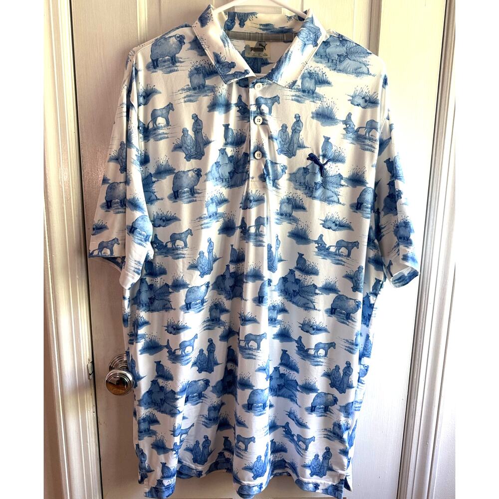 RARE Puma Golf Toile Scenic Landscape Pagoda Blue White Polo Shirt Men's Large